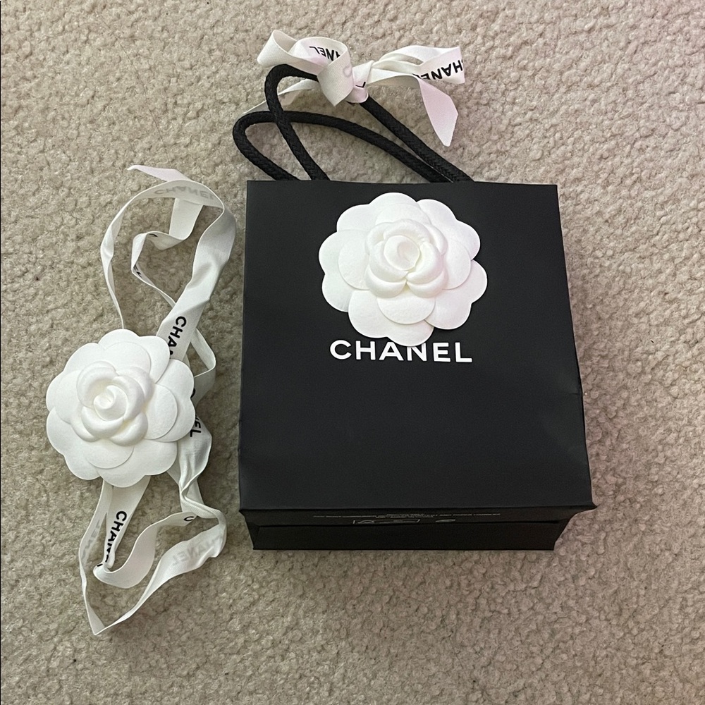Small Chanel Black Shopping Bag with White Flower